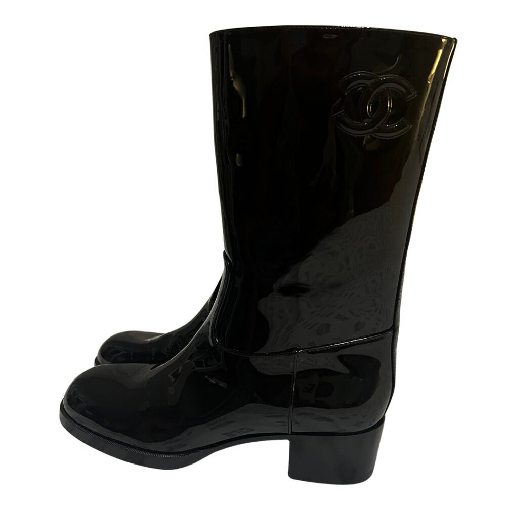 CHANEL Womens Black Mid Calf Boots Rain Boots Size UK 40 US 9.5